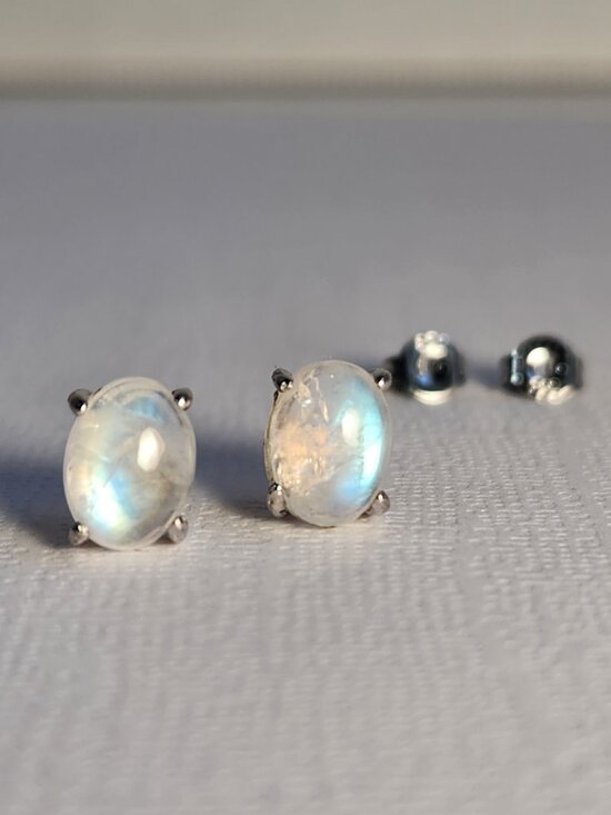 Estate Jewelry - VTG NIB 925 Natural Clear Blue Fire Rainbow Moonstone Stud Earrings My Last One